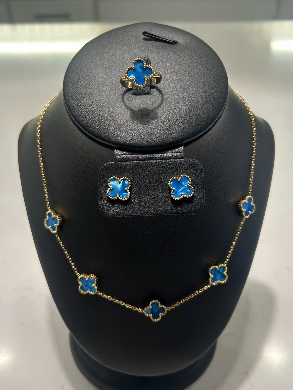 Gold Plated Blue Clover Pendant Necklace, Earrings & Ring Set